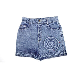 Vintage Jit & Co High Waist Denim Shorts Spiral Embroidery Size 14 Acid Wash Y2K